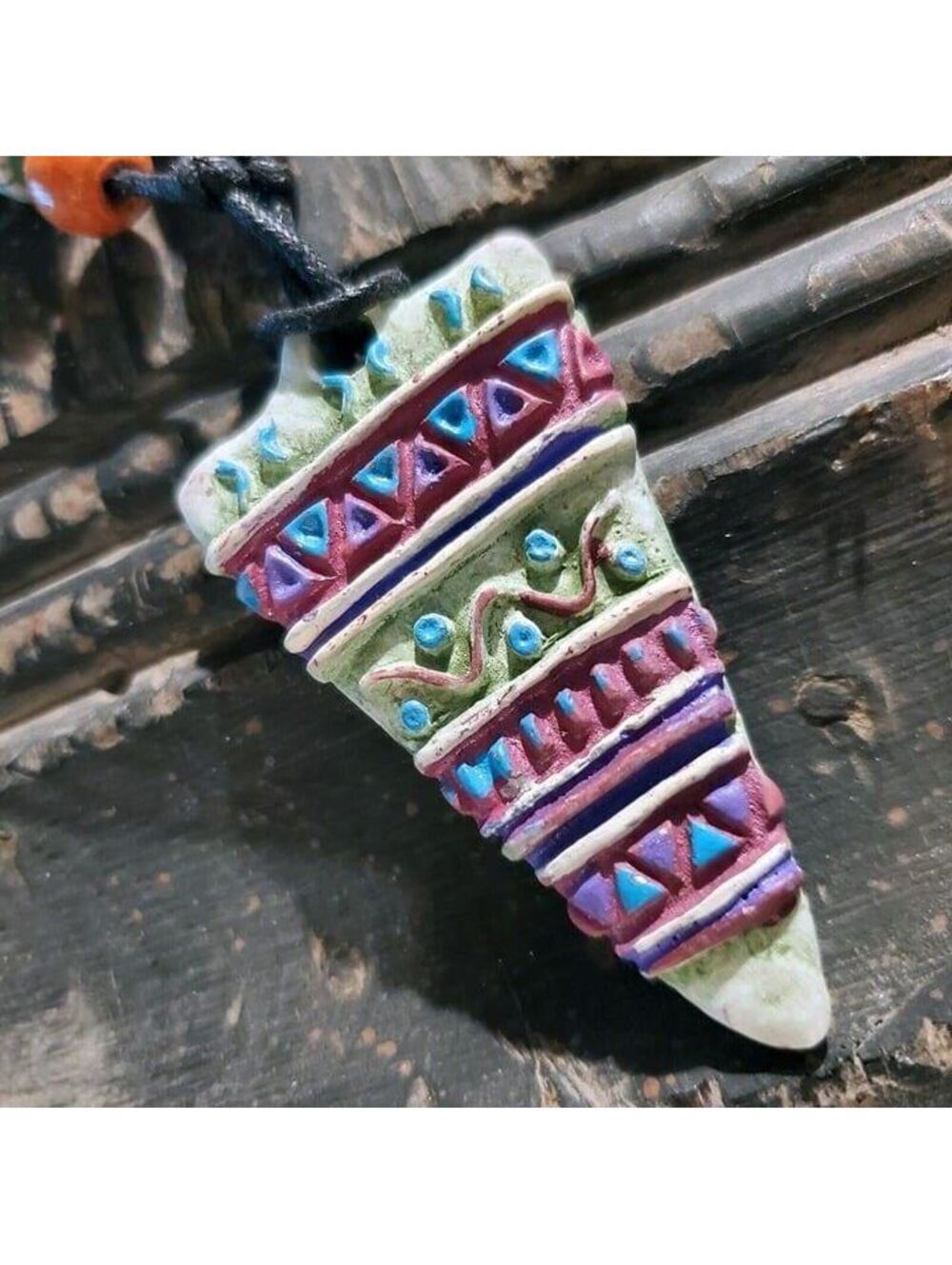 Artisan Tribal Triangle Unglazed Clay Green Purple Multicolor Pendant Necklace